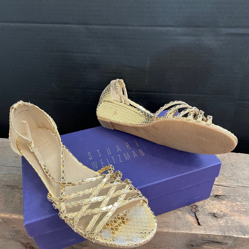 Stuart Weitzman "Away We Go" Gold Serpent Leather Demi Wedge Sandal Size 9